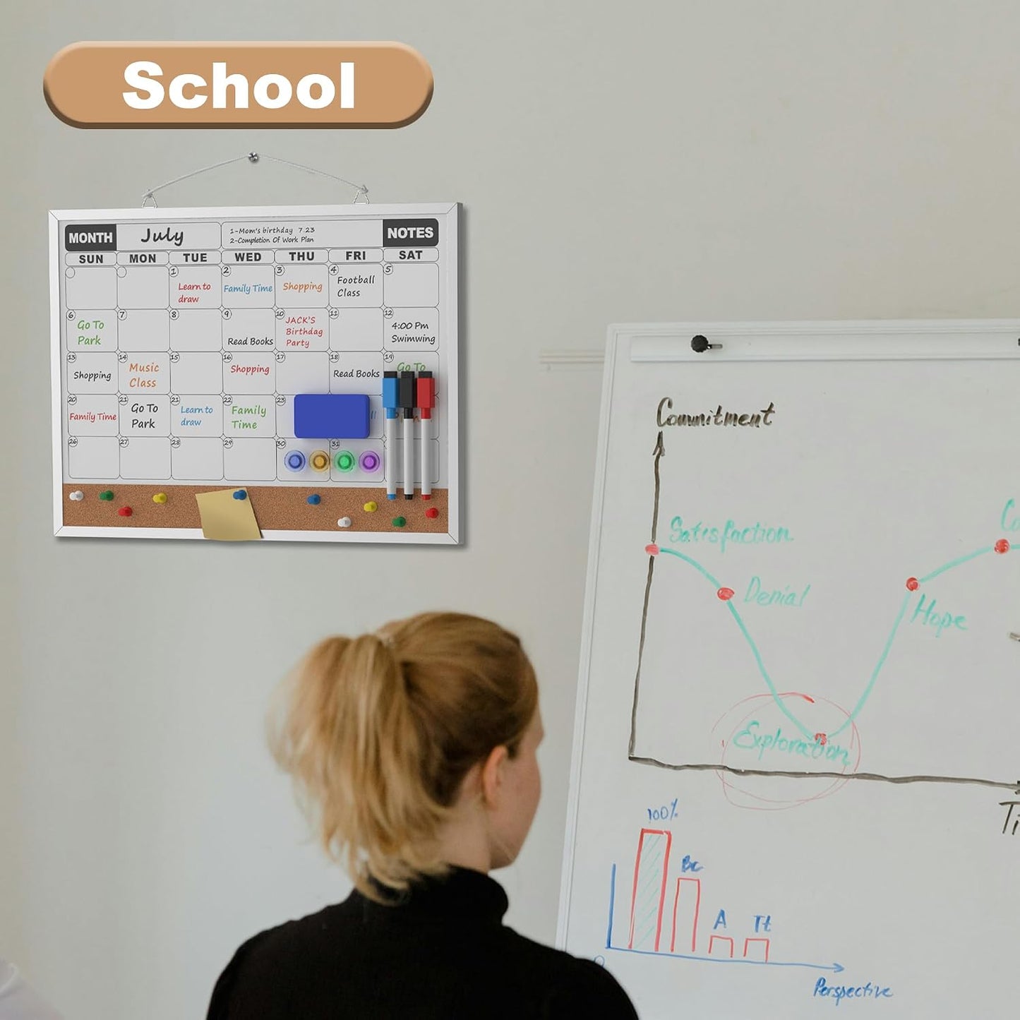 Monthly Calendar Dry Erase Board 16x12 Inch, Double-Sided Whiteboard and Corkboard Combo, Wall Mounted Planner Organizer with Markers, Magnets, Push Pins, Eraser, for Home Office School