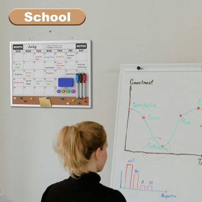 Monthly Calendar Dry Erase Board 16x12 Inch, Double-Sided Whiteboard and Corkboard Combo, Wall Mounted Planner Organizer with Markers, Magnets, Push Pins, Eraser, for Home Office School