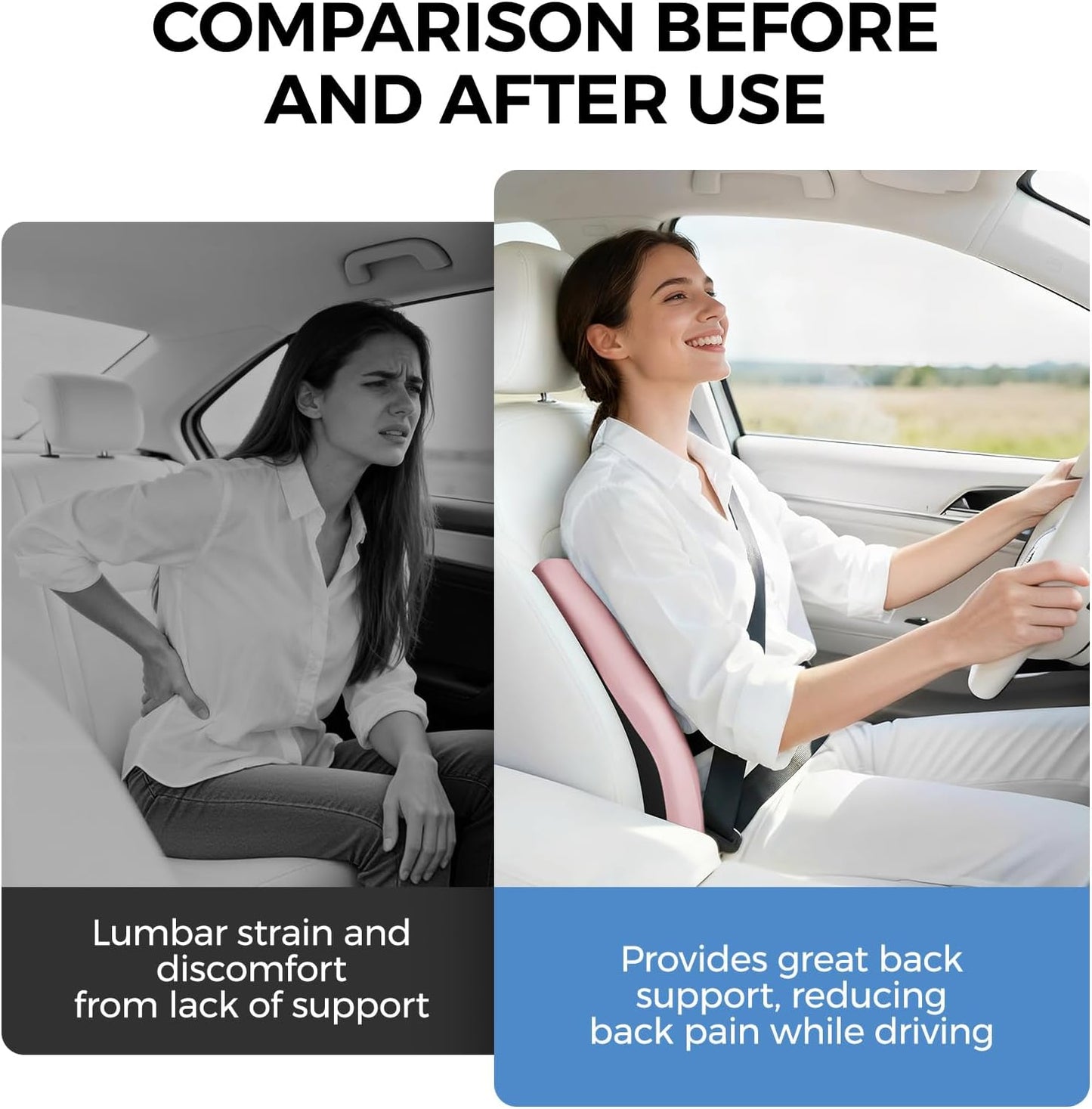 BEBAS Lumbar Support Pillow for Car, Memory Foam Back Cushion for Driving, Ergonomic Lumbar Pillow for Pain Relief, Comfort Lower Back Support for Office Chairs, Car Seat, Wheelchair -Black