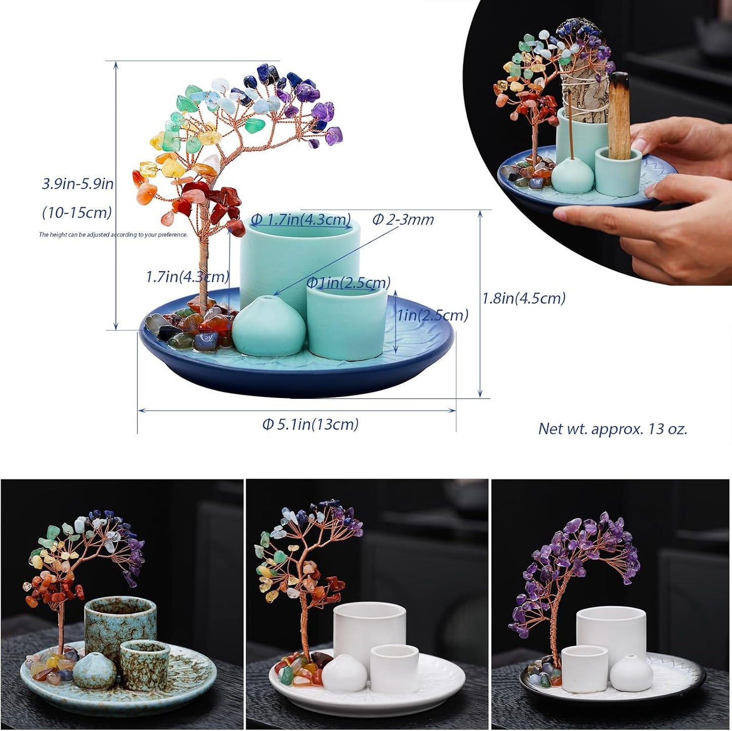 5 in 1 Incense Burner Holder with Crystal Healing Tree, Palo Santo Holder, Sage Holder, Incense Holder for Sticks/Cones/Candles, Ceramic Tray Ash Catcher for Burning Incense, Meditation Gift