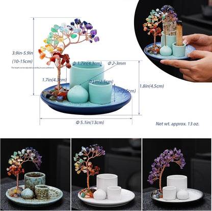 5 in 1 Incense Burner Holder with Crystal Healing Tree, Palo Santo Holder, Sage Holder, Incense Holder for Sticks/Cones/Candles, Ceramic Tray Ash Catcher for Burning Incense, Meditation Gift