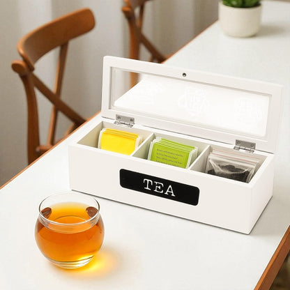 Small Tea Box Wood Tea Bag Organizer Holder White 3 Compartment Slots Box for Storage and Display Slim Caddy Bags with Wooden Divided Chest Mini Countertop Sugar Packet Container Small Space Antique