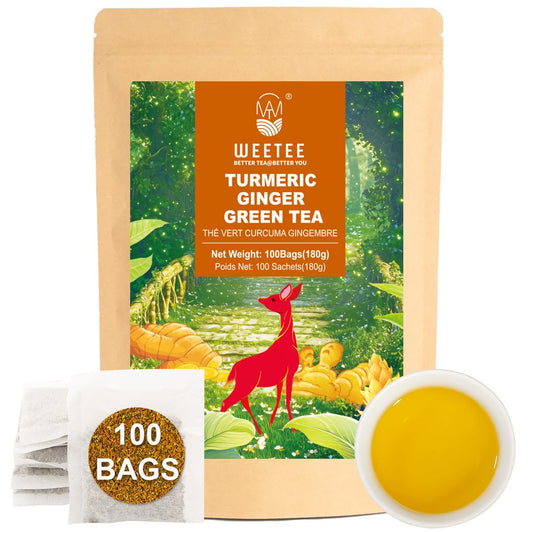 WT WEETEE Turmeric Ginger Green Tea Bags 100ct, Honey Flavored, Caffeinated