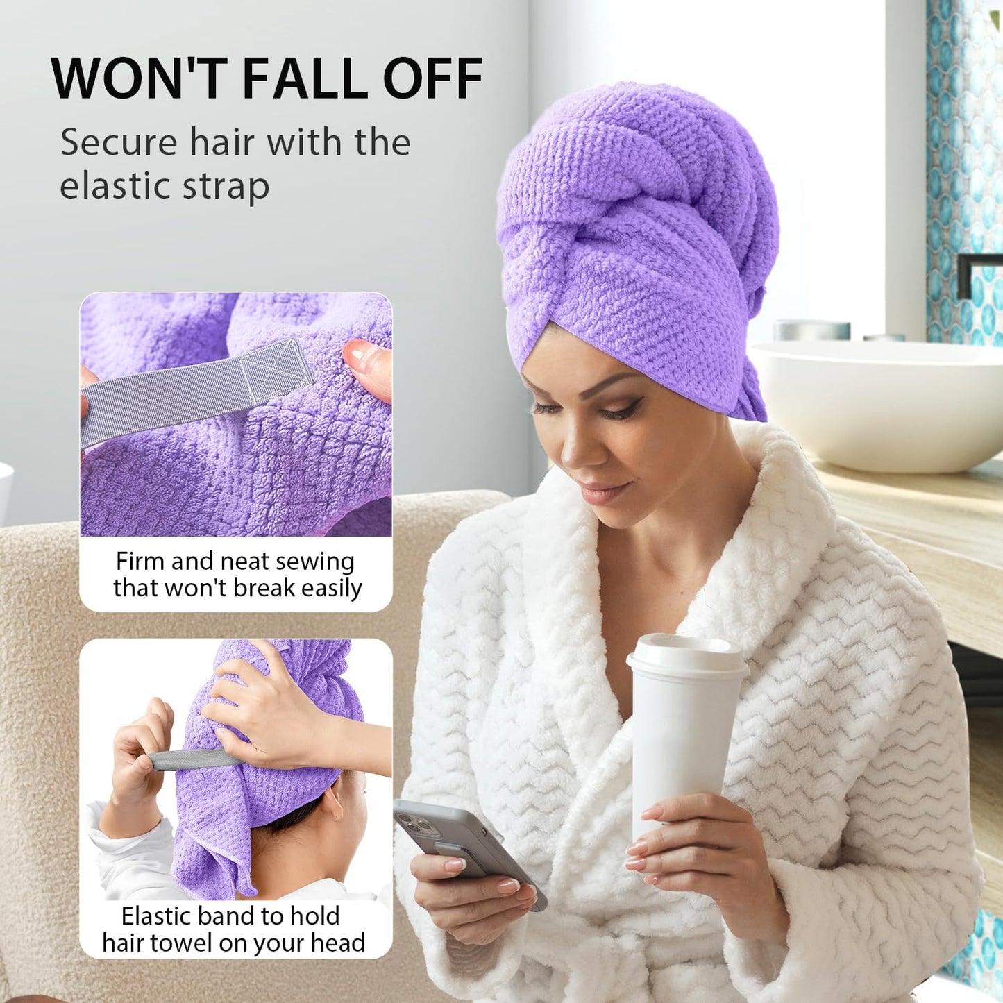 YFONG Large Hair Towel Wrap for Women, Super Absorbent Microfiber Hair Towel for Curly Hair, Fast Drying Hair Turbans with Elastic,Hair Drying Towel Wrap for Hair Care 26.3" X 40" (Blue)