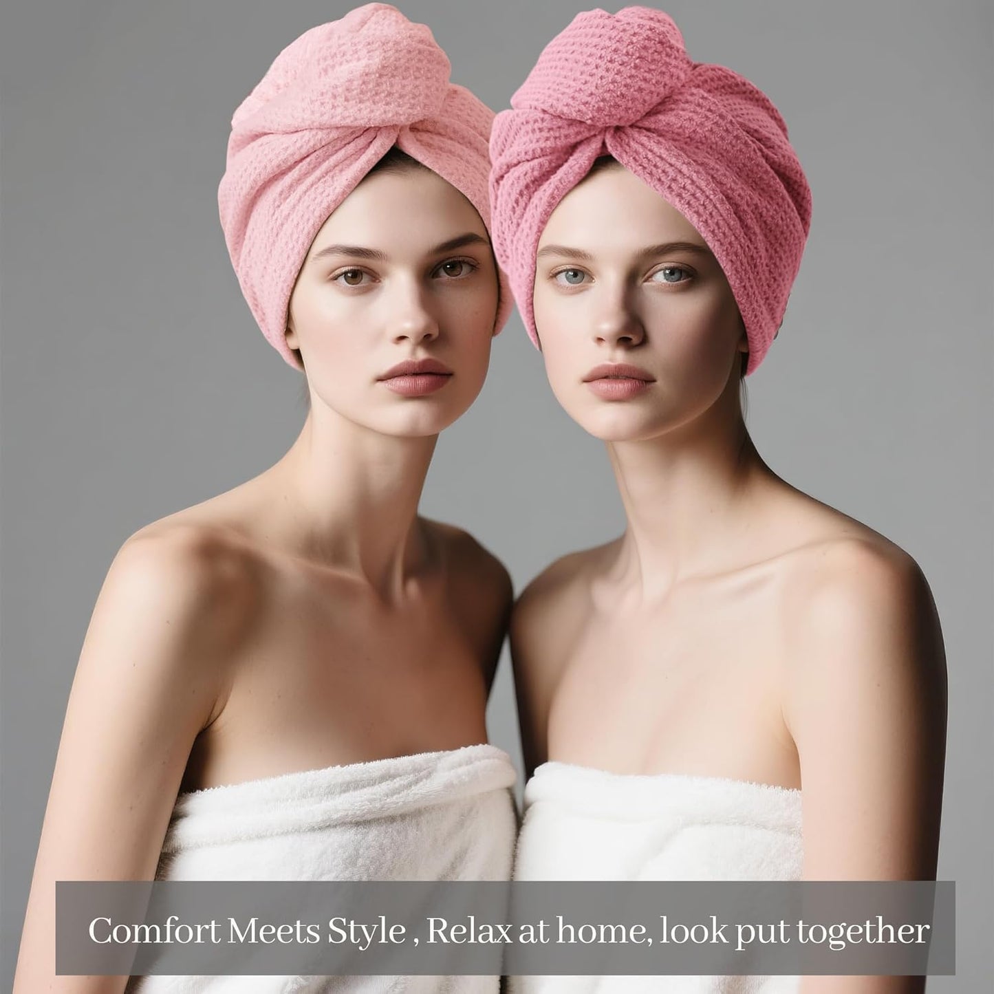 ROLSHOL 2 Pack Microfiber Hair Towel Wrap for Women, 32" x 11" Waffle Weave Hair Plopping Towel for Curly, Long & Thick Hair, Anti-Frizz Hair Turbans for Wet Hair (Pink, Grey)