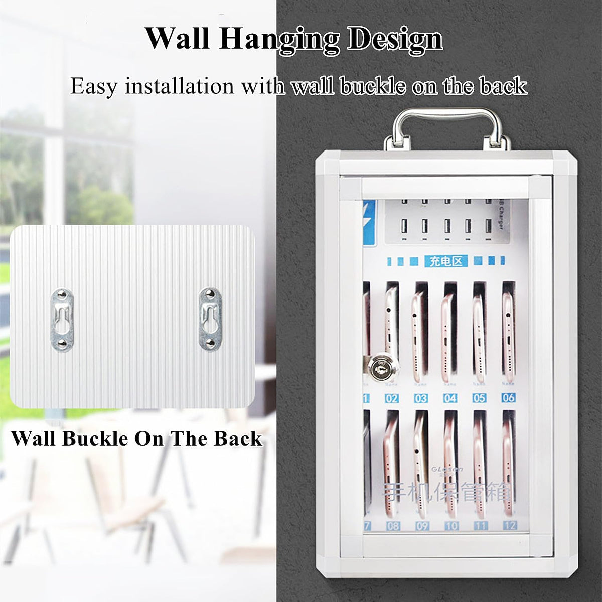 Cell Phone Charging Stations Phone Storage Cabinet Portable Mobile Phone Charging Cabinet W/USB Charging Ports & Handle, Wall-Mounted Rechargeable Cell Mobile Phone Storage Box Com(36 Slots)