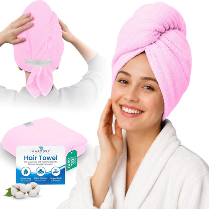 Lili&James 100% Cotton Hair Towel Wrap for Women & Kids – 420 GSM Quick Dry Hair Turban with Double Button Loop, Anti Frizz Non Microfiber Hair Drying Towel for Curly, Long & Thick Hair (Lilac)