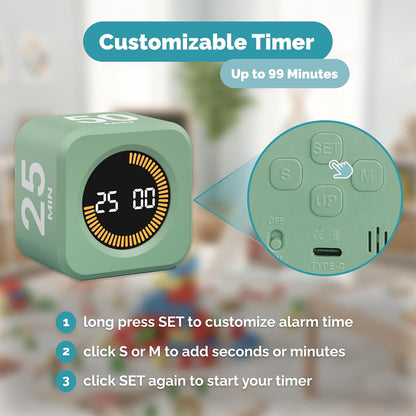 KADAMS Pomodoro Timer – Visual Cube with 5/10/30/60 Min Presets, LED Countdown Ring & Count Up Mode, Silent Flip Productivity Timer for Study, Classroom, Office, Cooking (Green 5-10-30-60 min)