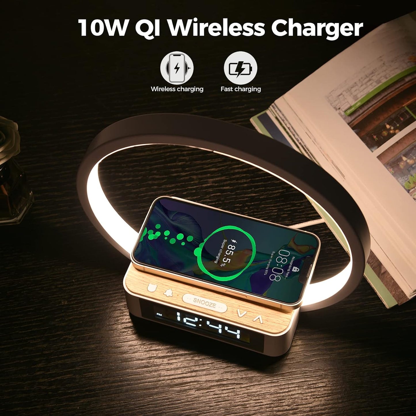 Sunrise Alarm Clock with Wireless Charging Desk Touch Lamp 3 Level Dimmable Wake-up Light Bedside Lamps for Bedroom Living Room,Sunrise Lamp with 10 Natural White Noise Sound 30/60/90 Mins countdown