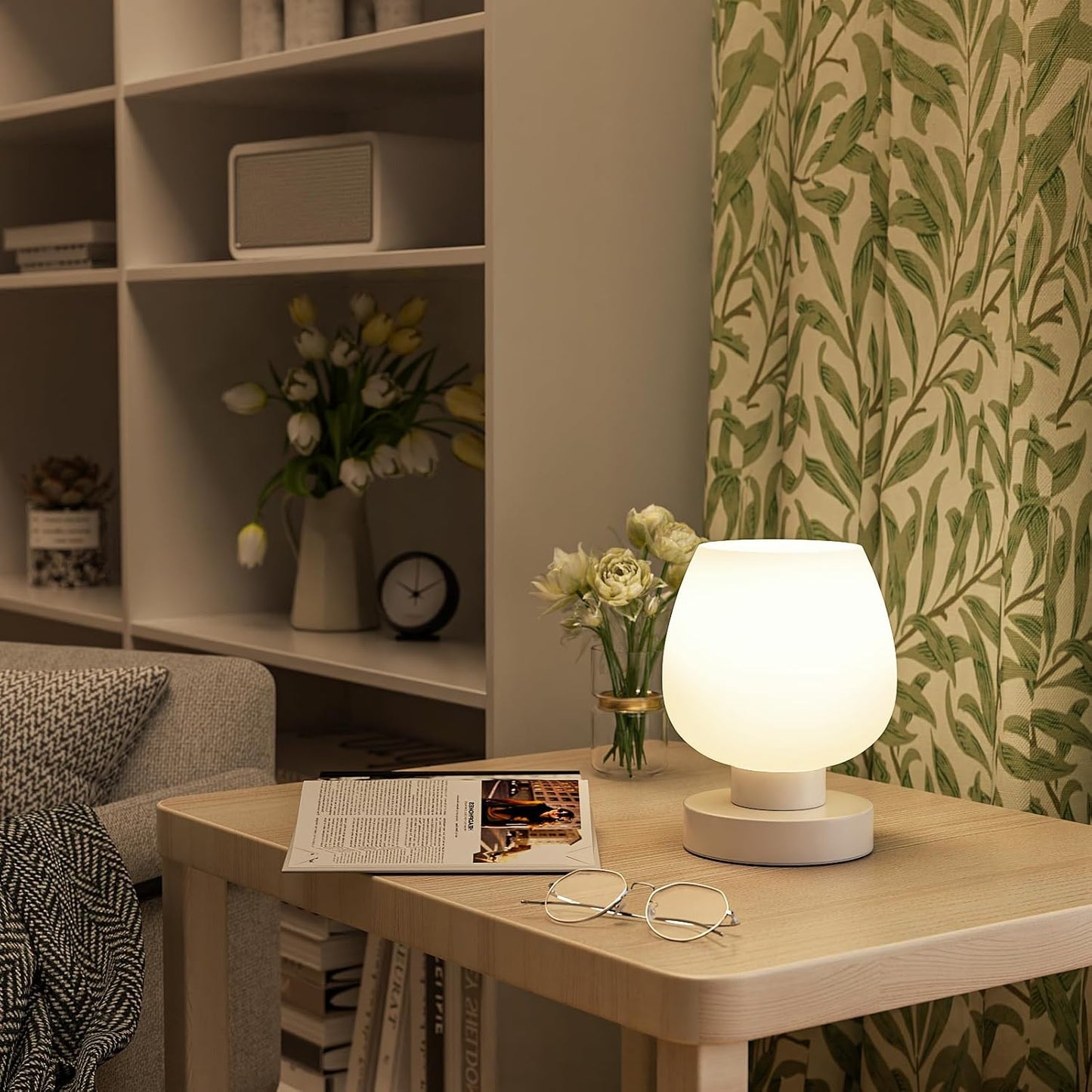 Seealle Touch Table Lamp for Nightstand - Small Bedside Lamp for Bedroom Living Room Night Stands, Desk Lamp with White Glass Shade for Small Spaces, 3 Way Dimmable, LED Bulbs, Gifts