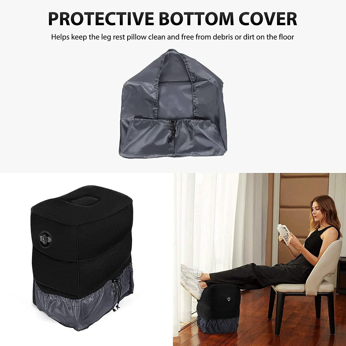 Inflatable Foot Rest Pillow for Travel, Adjustable Height Airplane Foot Cushion for Long Flights, Portable Comfort Footrest for Car, Office and Travel (Gray) (Black)