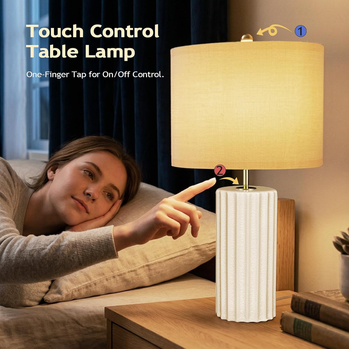 21" Modern Ceramic Table Lamp Set of 2 for Bedroom, Touch Control White Desk Lamps for Living Room, Farmhouse Bedside Lamps for Nightstand, End Table Lamps for Dorm Beige, Bulbs Not Included