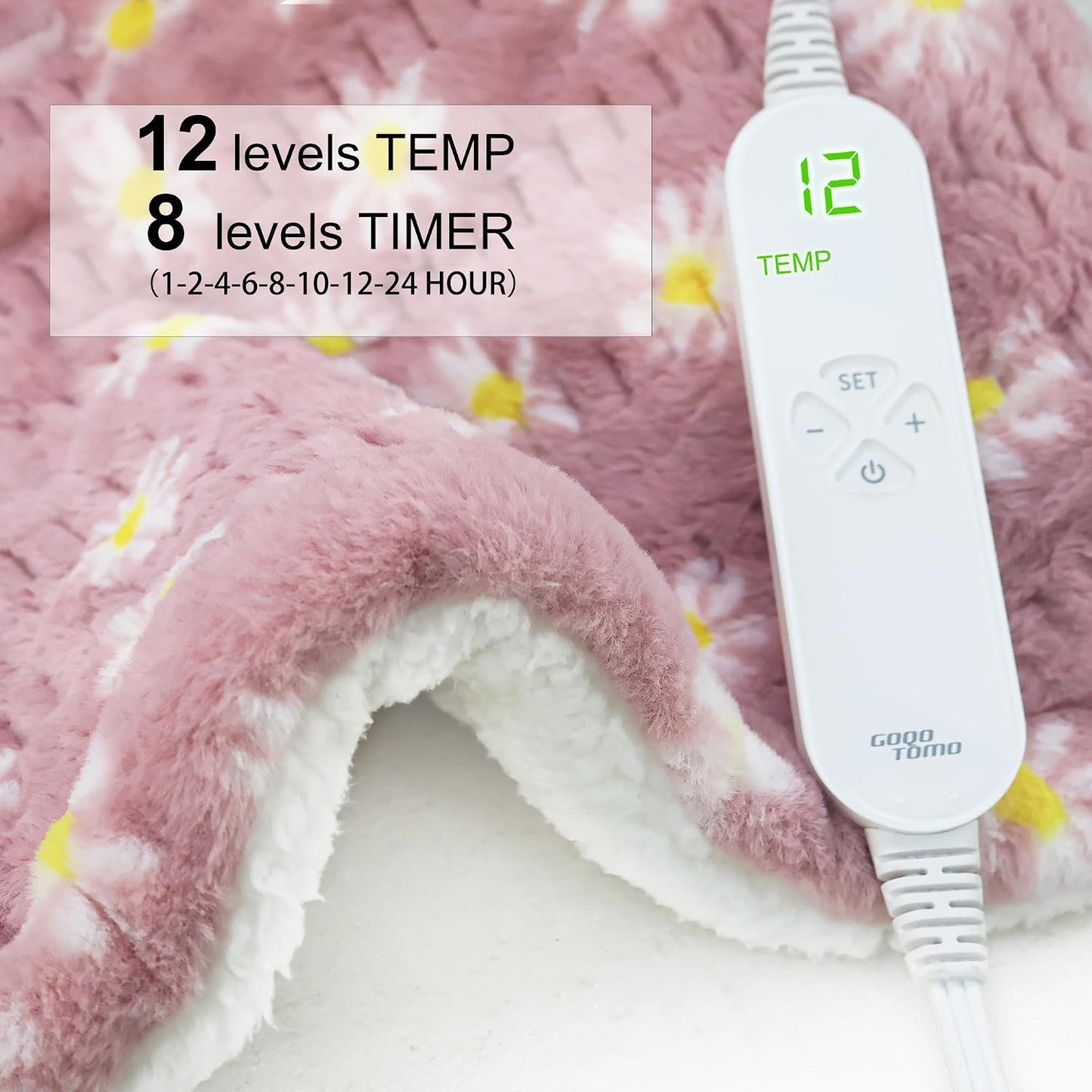 GOQO TOMO Heating Pad, 12 x 24 Inch, Pink Floral Pattern, Machine Washable, 8 Timer Settings, 12 Heat Levels, for Back Pain Relief-P01