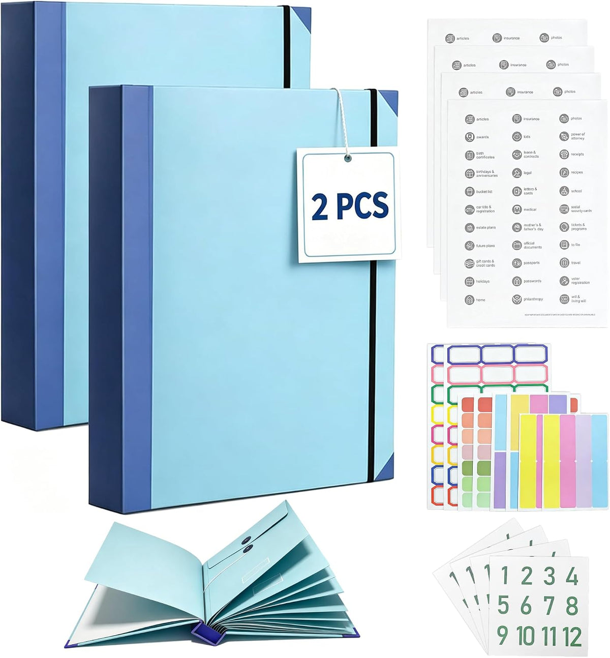 2 Sets Important Document Organizer Binder,File Folder with Labels Blue