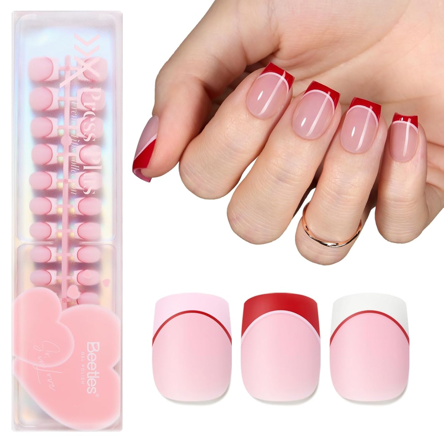 Beetles Press On Nail Kit-Short Square French Tip Press On Nails, 150Pcs Pink French Nail Tips with Nail Glue & Remover Builder Top Coat Nail Lamp, All-in-One DIY Fake Nails Gift for Women