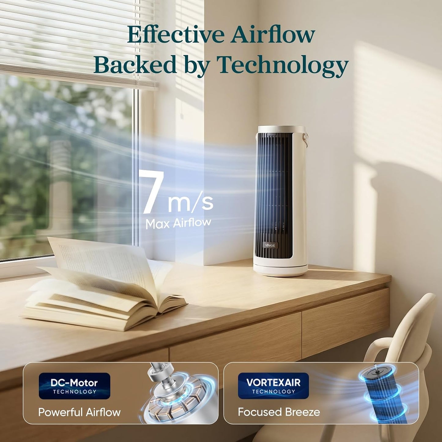LEVOIT Tower Fan for Bedroom, 20dB Quiet Desk Fan with 23ft/s, Portable & Easy to Carry, 3-Angle & 5-Speed Mini Oscillating Fan, DC Motor, Bladeless, Remoter, 12H Timer, for Home, Room, Office, White