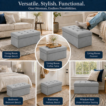 ALASDO Storage Ottoman Footrest Stool Small Ottoman with Storage Foldable Ottomans Foot Rest Footstool Bench for Living Room 17x13x13inches Grey