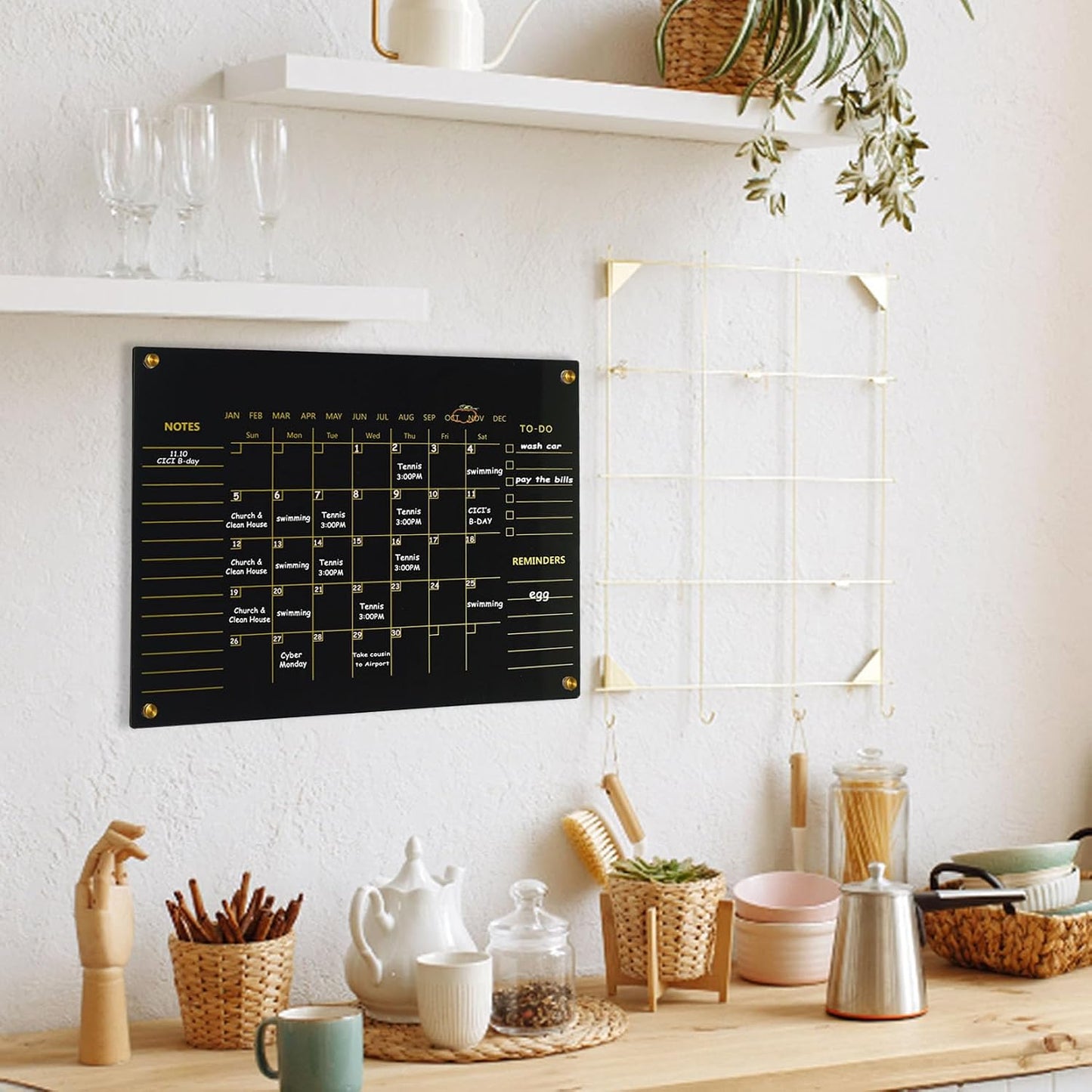Black Acrylic Calendar Dry Erase for Wall, Family Planner, Monthly Calendar Dry Erase Whiteboard for Home, Office, 17" x 13"Reusable White Board(Acrylic-BK-3343)