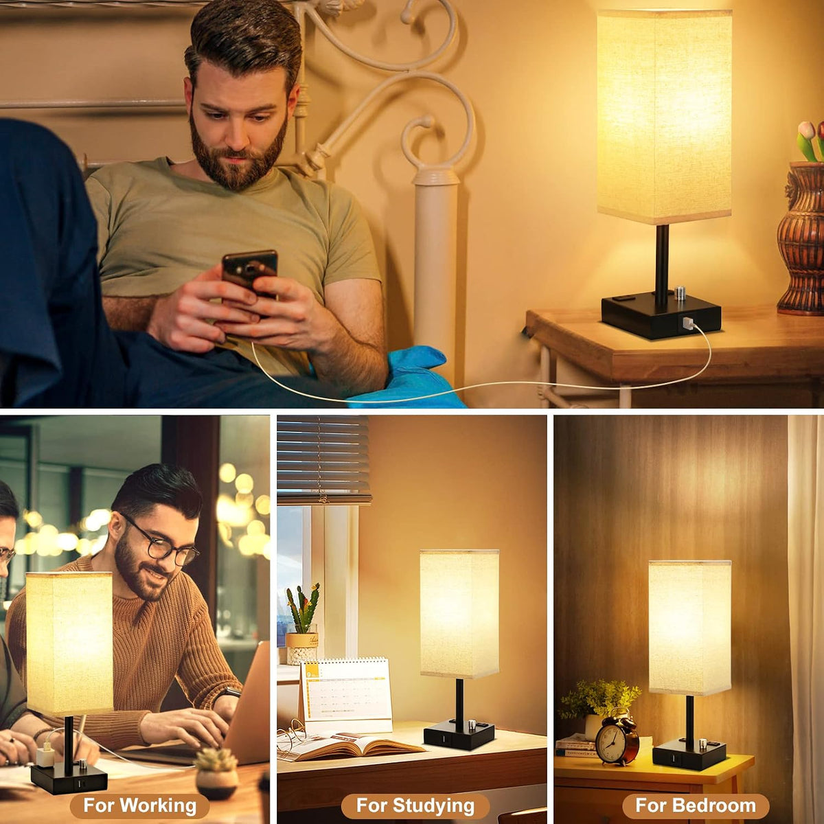 Bedside Table Lamps Set of 2 for Bedroom - Dimmable, USB C+A, 2 AC Outlets