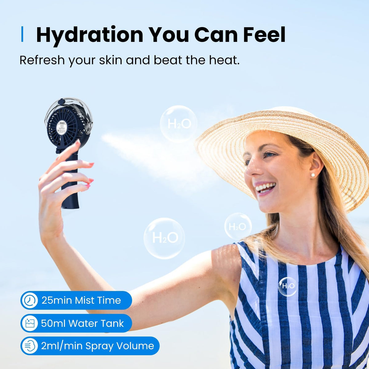 KIBEE Portable Misting Fan, 4000mAh Rechargeable Handheld Fan with 50ml Water Tank, Foldable 180° Mini Mist Spray Fan, 3 Speeds Personal Cooling Fan for Travel, Makeup, Outdoor, Concerts, Gray