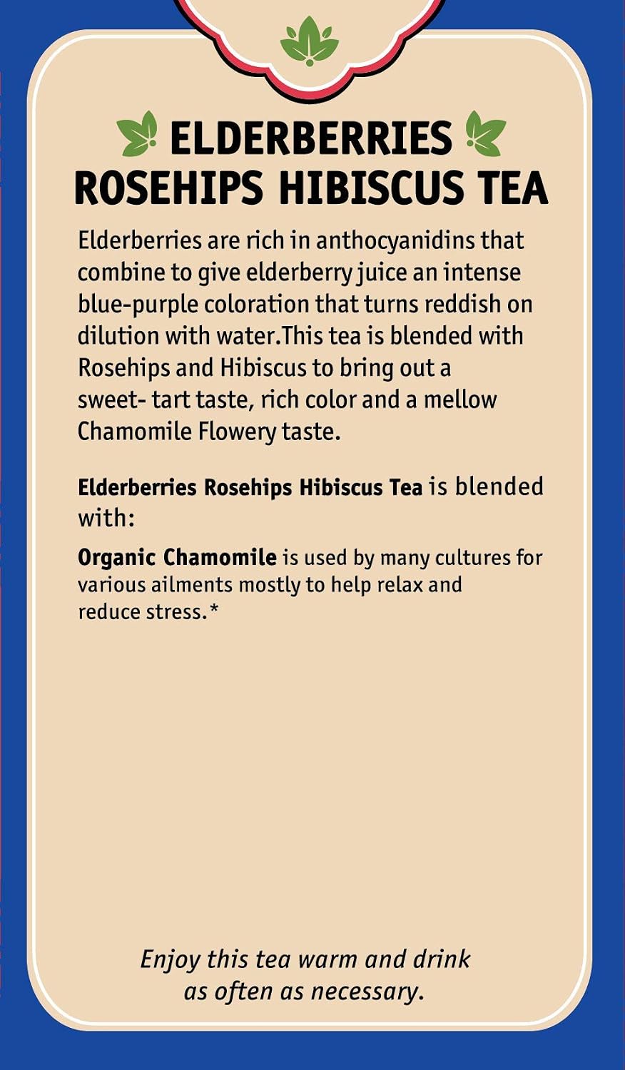 Herbal Cup Ayurveda Elderberries Tea, Organic Rosehips Hibiscus, No Caffeine Herbal Supplement (16 Count, Pack of 6)