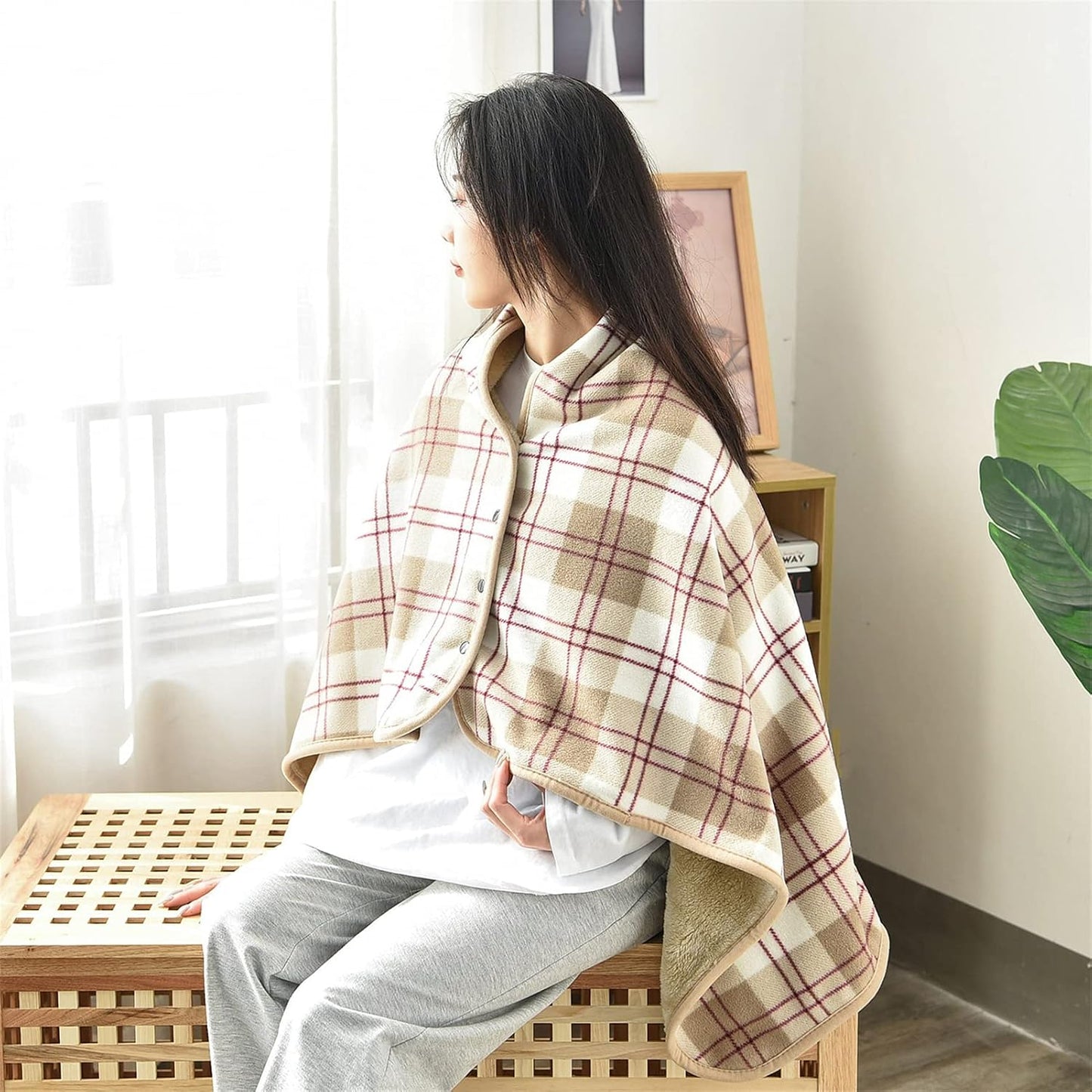 forestfish Fleece Wearable Blanket, Plaid Lap Blanket Comfy Poncho Throw with Buttons for Bed Sofa Office, Grey-White