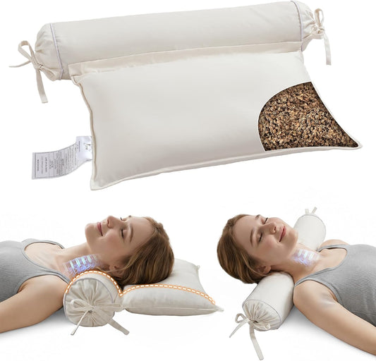 LOFE® Buckwheat Pillow - 3 Point Support Buckwheat Hull Pillow for Less Pain, 2IN1 Tartary Buckwheat Neck Roll Pillow for Best Support, Adjustable Cervical Neck Pillow with Organic Cotton Pillowcase