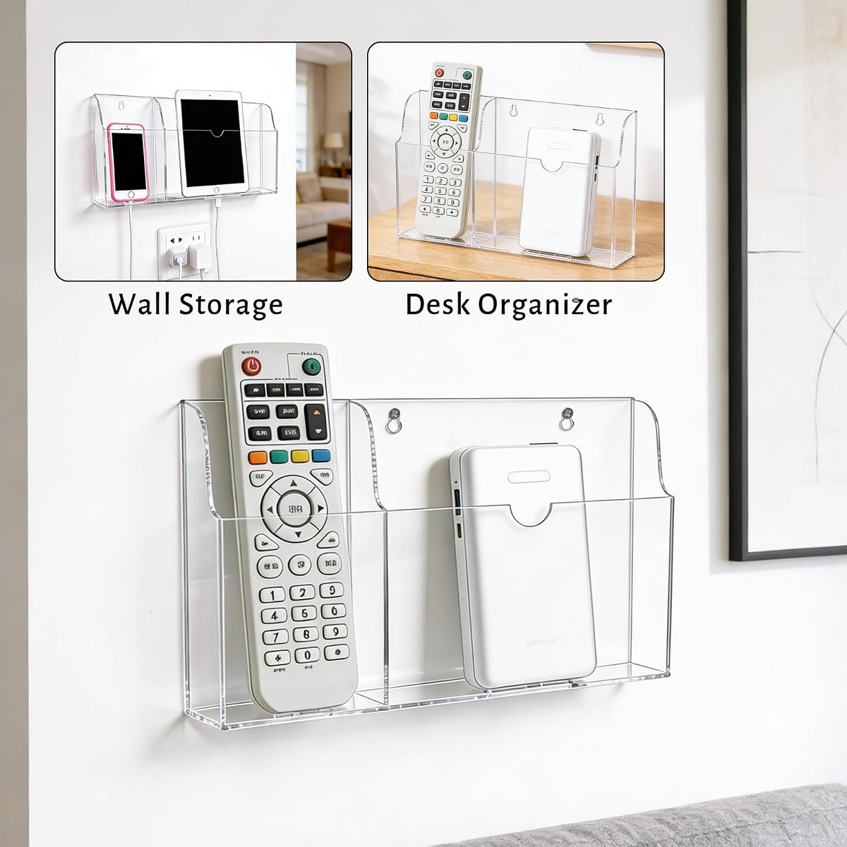 Acrylic Wall Mounted Phone Holder, Tablet Wall Mount with Charging Holes, 2 Slots Wall Remote Control Holder for iPad Kindle Laptop, Clear