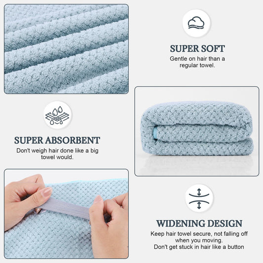 2 Pack Microfiber Hair Towel - 41 x 24 inches Super Soft, Absorbent, Fast Drying Without Frizz Hair Towel Wrap for Women Long, Thick, Curly Hair - Hair Turbans with Elastic Strap