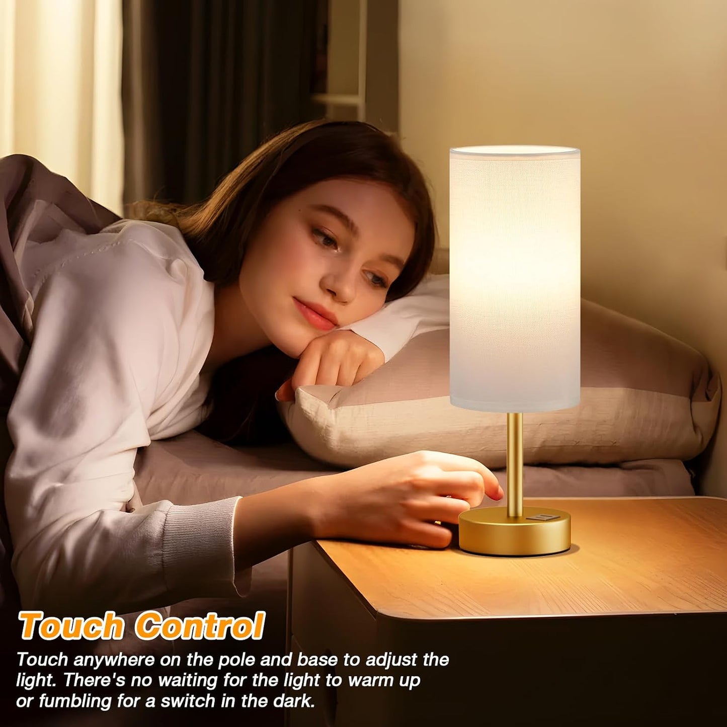 Dicoool Touch Bedside Table Lamp with USB - 3 Way Dimmable Wood Lamp for Bedroom Nightstand, Desk Lamp with Charging Station for Dorm, Living Room, Office, Kids Room, Small, 14in