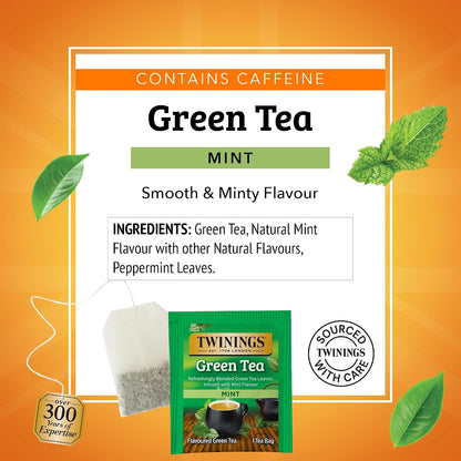 Twinings Green Tea with Mint Individually Wrapped Bags, 20 Count (Pack of 6), Invigorating Aroma, Caffeinated, Enjoy Hot or Iced, 120 Teabags