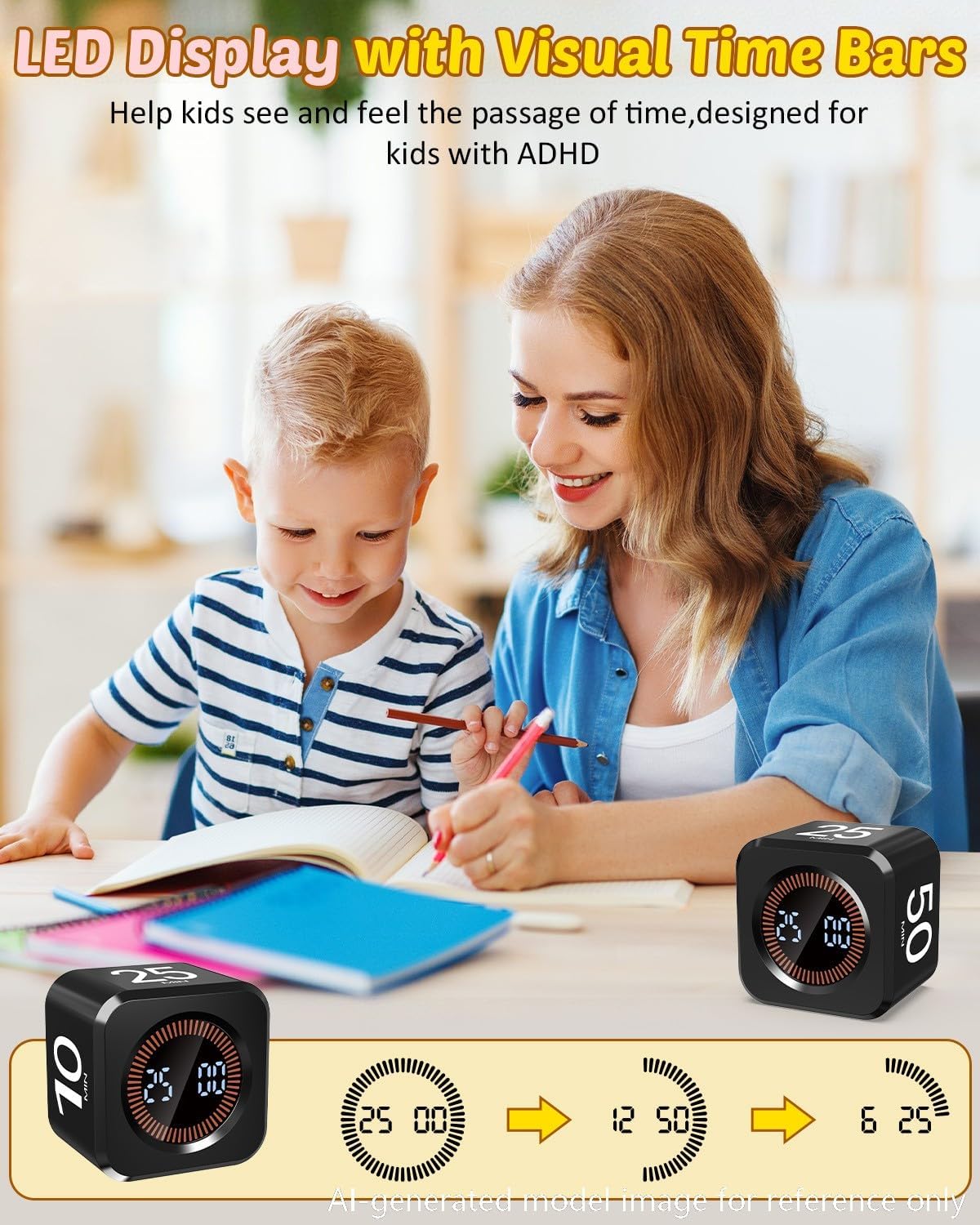 Digital Pomodoro Timer Cube 5/10/25/50min, Visual Productivity Flip Timer for Kids Classroom Desk, Custom Countdown, Silent and Sound Mode for ADHD Study Work Game Kitchen (Orange)