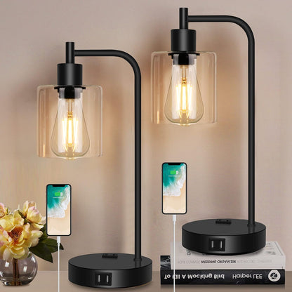 QiMH Industrial Table Lamp for Bedroom Set of 2, Green Glass Beside Lamp with USB A&C Ports, Stepless Dimmable Gold Lamps, Nightstand Lamps for Living Room, Office, Home Decor(Bulb Included)