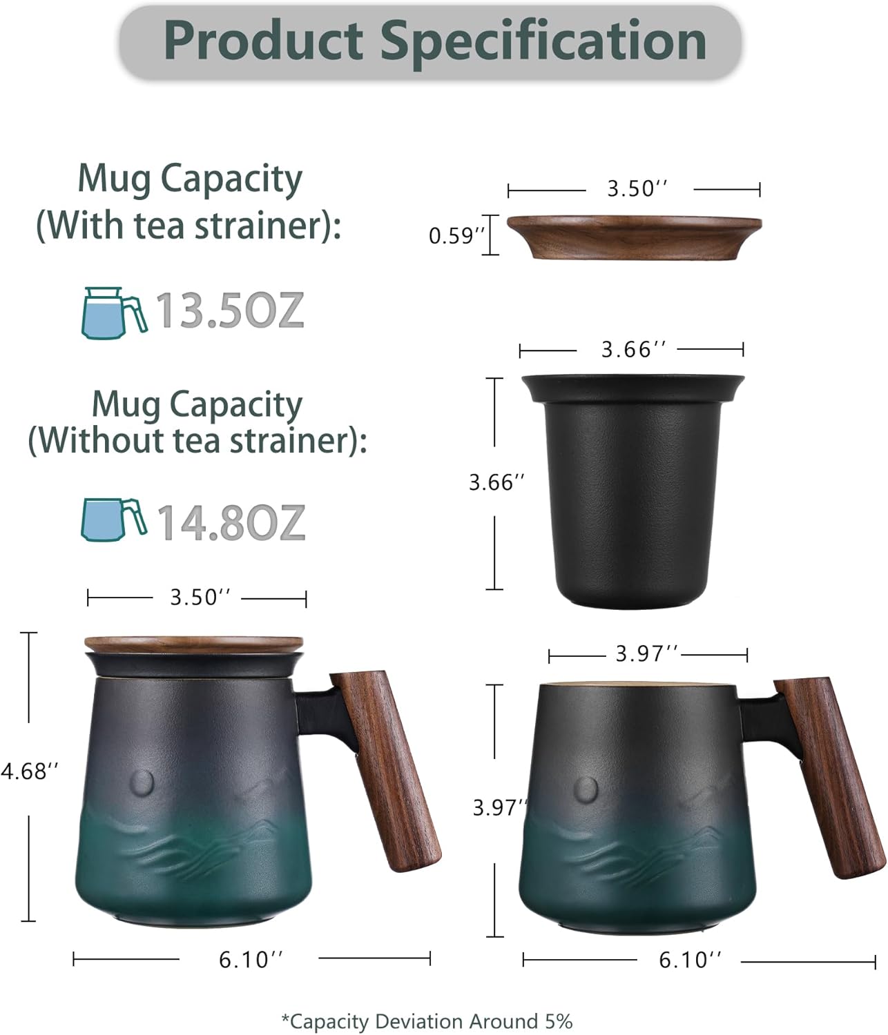 ZENS Embossed Ceramic Tea Mug with Infuser and Lid, 14.5 oz Wooden Handle, Loose Leaf Tea Steeper Cup & Strainer for Tea Lovers Gifts