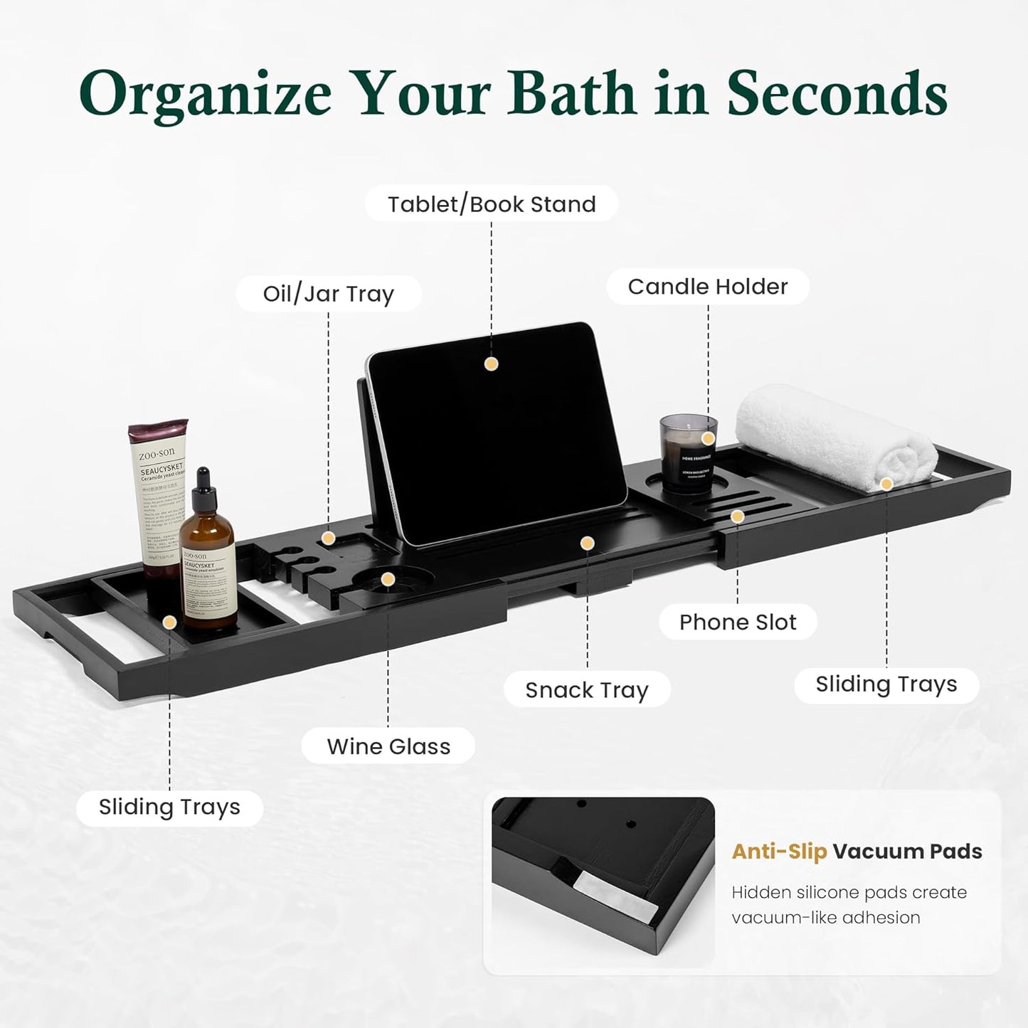 Bamboo Bathtub Tray Caddy - Splash-Proof Adjustable (28.5-40") with Wine Holder, Tablet Stand & Non-Slip Grip | Spa-Grade Organizer for Bath Essentials & Reading- Walnut