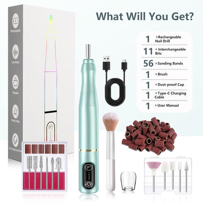 TUOBEO Cordless Nail Drill Electric Nail File Kit, Rechargeable Efile Set, Portable Acrylic Gel Nail Polish Remover Machine, Pedicure Manicure Tool, 11 Bits, 56 Sanding Bands, Salon Home, Purple