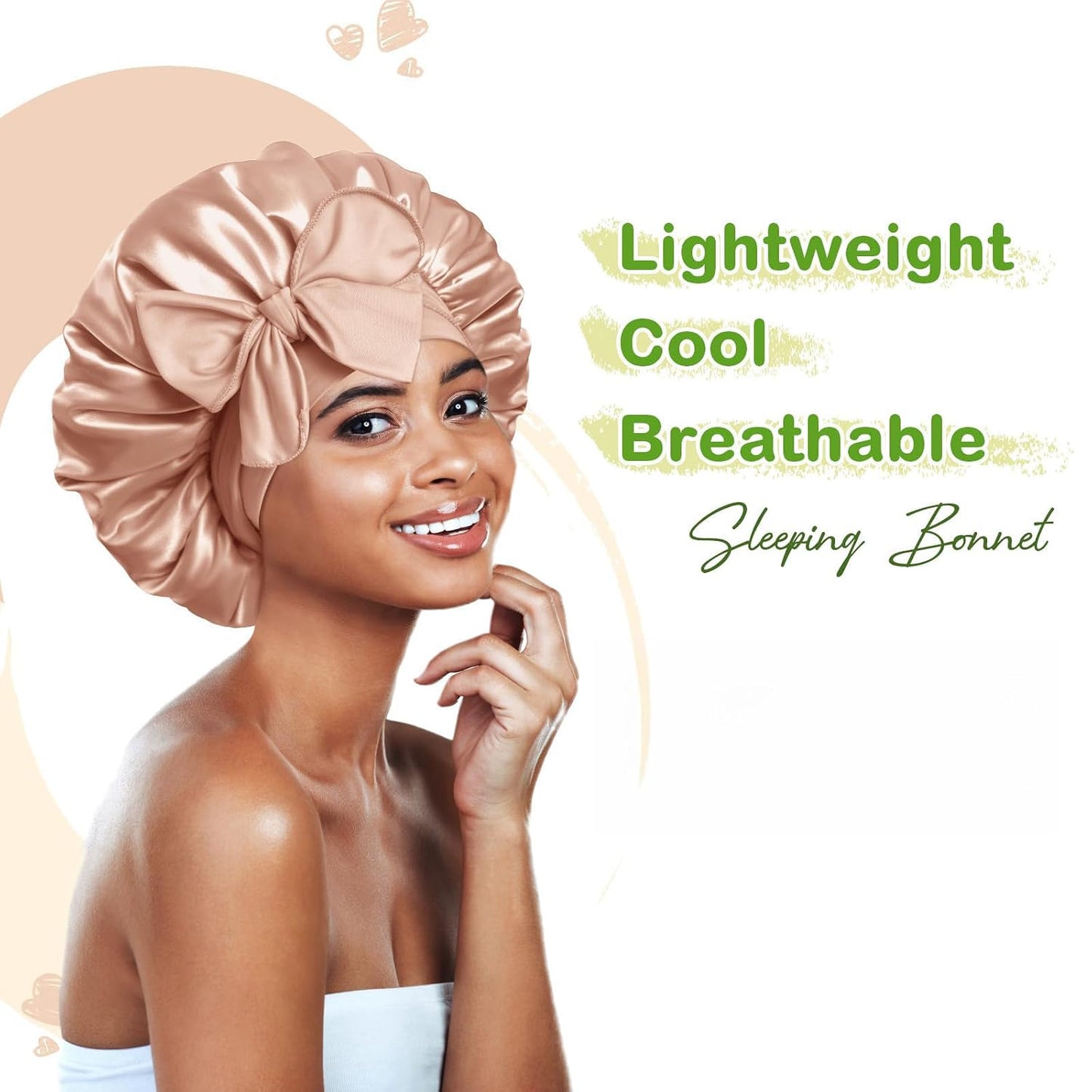 BONNET QUEEN Silk Bonnet for Sleeping for Women Satin Bonnet Night Cap for Curly Hair with Tie Band, Single Layer, Cream Pink