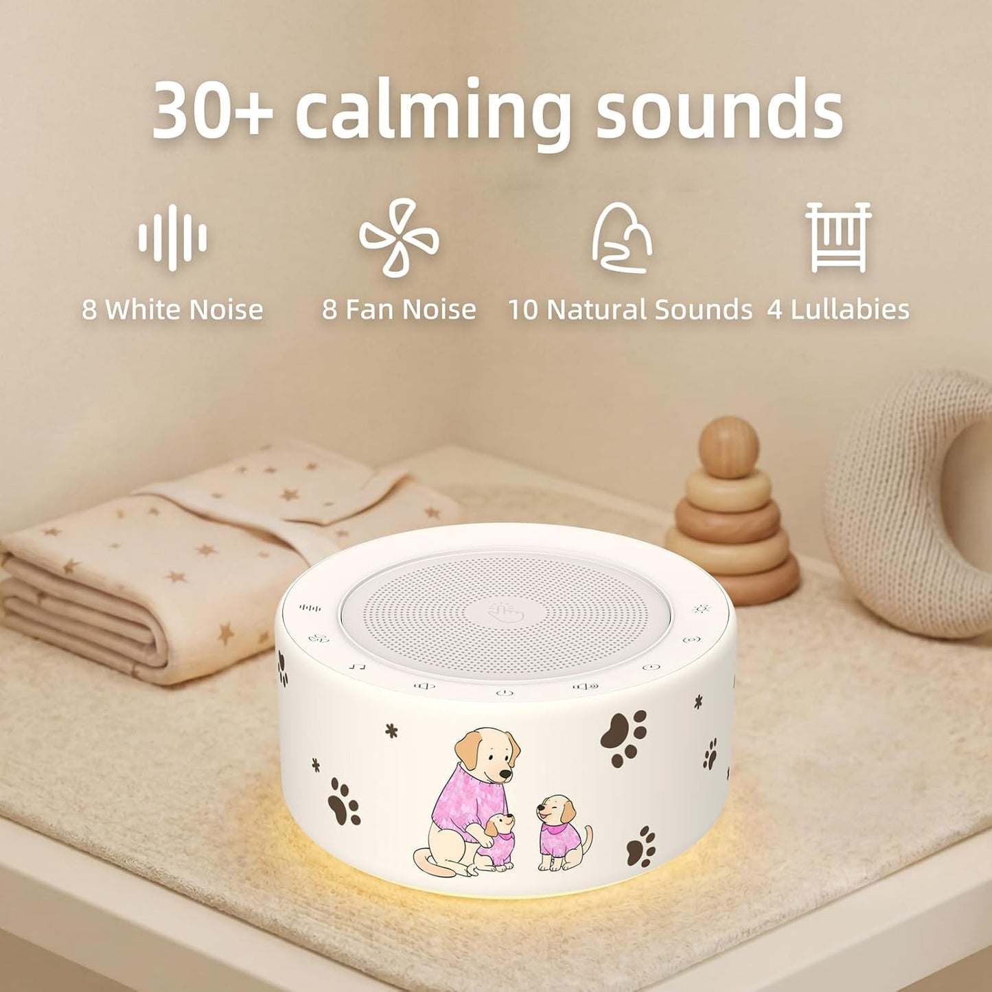 Kipcush White Noise Machine for Baby & Adults, 30 Soothing Sounds, Soft Non-Glare Nursery Lamp, 8 Color Night Lights, Memory Function (Angel V1 White, Standard)