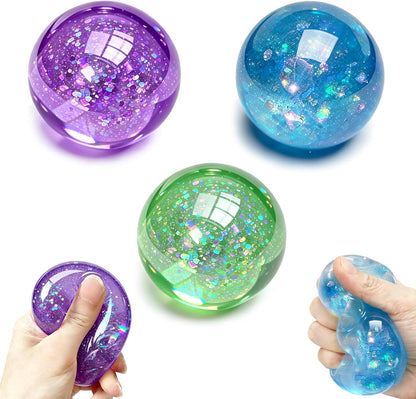 Slow Rising Squishy Ball, 2 Pack Aurora Glitter Coconut Oil Stress Relief Balls, Maltose Filled Shimmer Sparkle Sphere Squeeze Sensory Fidget Toy, Soft Calming Desk Toy for Adults & Kids (Blue+Pink)