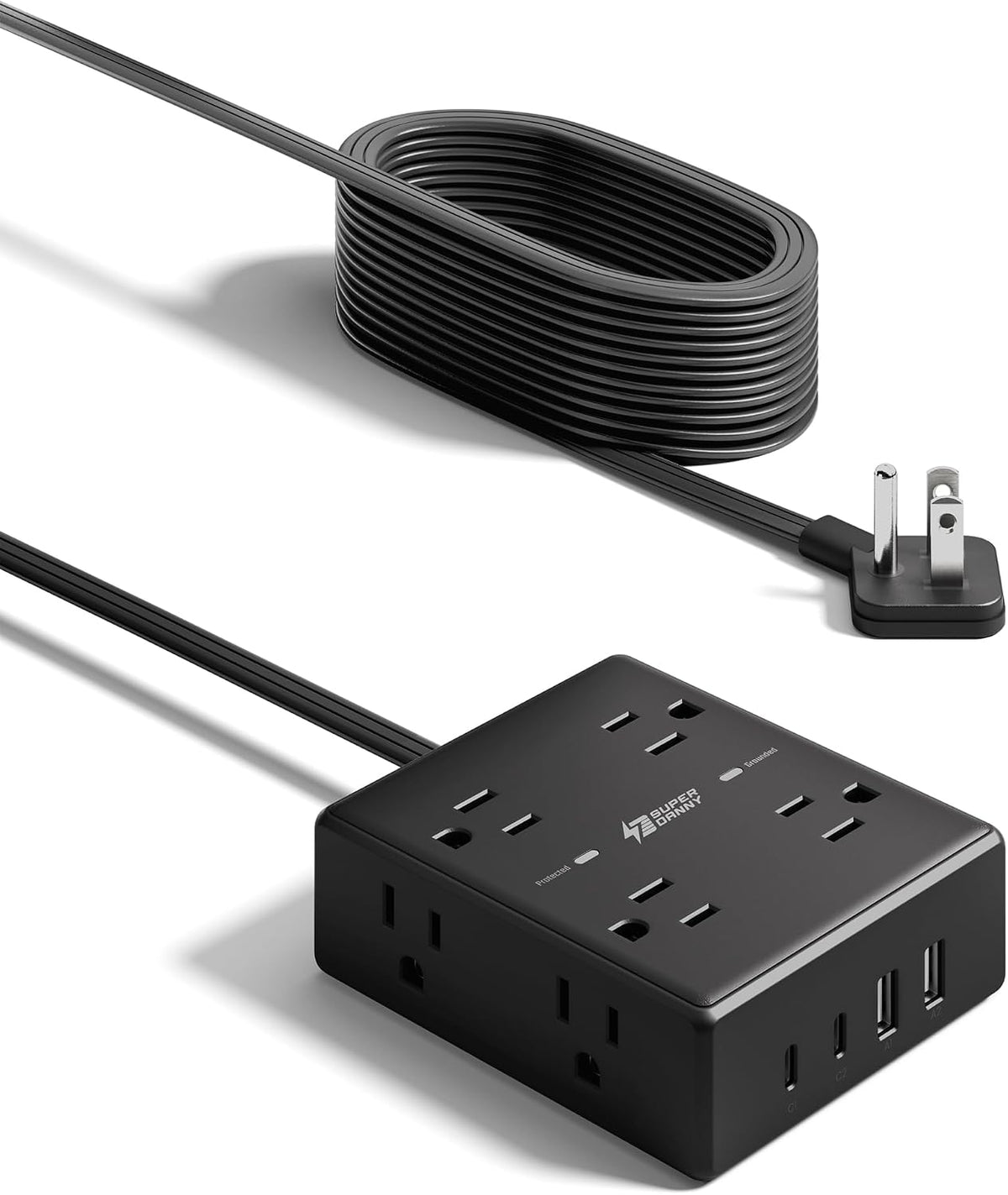 SUPERDANNY Extension Cord,Flat Plug Surge Protector Power Strip,10Ft
