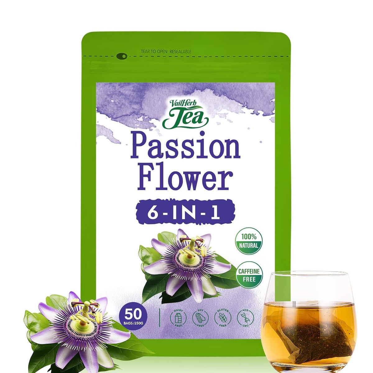 VailHerbTea Passion Flower Tea Bags for Relaxation & Sleep Support, 6-in-1 Herbal Tea w/Lemon Balm Ashwagandha - Caffeine Free - 50 Count