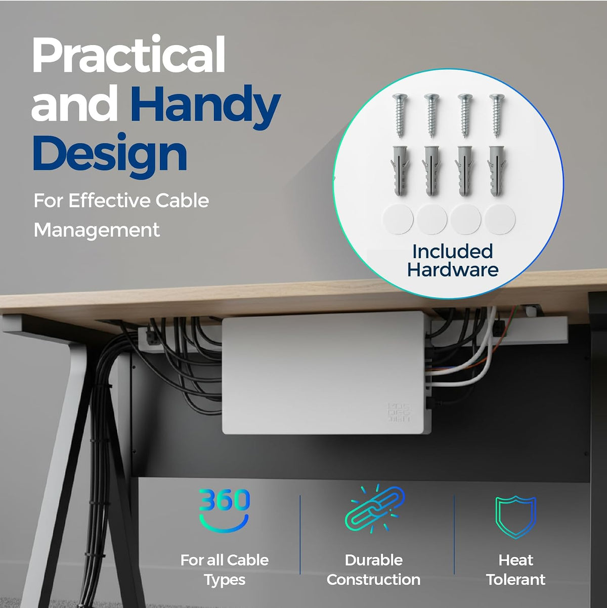 Cable Management Box ABS 12.6x7.9x4.5in, White, Mounting Kit Included