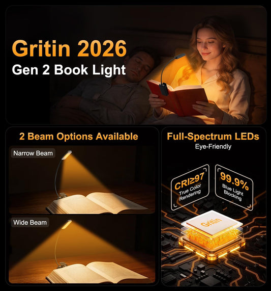 Gritin 2026 Gen 2 Book Light for Reading- 30 Eye Caring Full Spectrum LED, 5 Colors & 5 Brightness, Adjustable Wide/Narrow Beam, Upgrade 1500mAh Long-Lasting Rechargeable Clip on Light for Book Lovers