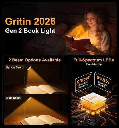 Gritin 2026 Gen 2 Book Light for Reading- 30 Eye Caring Full Spectrum LED