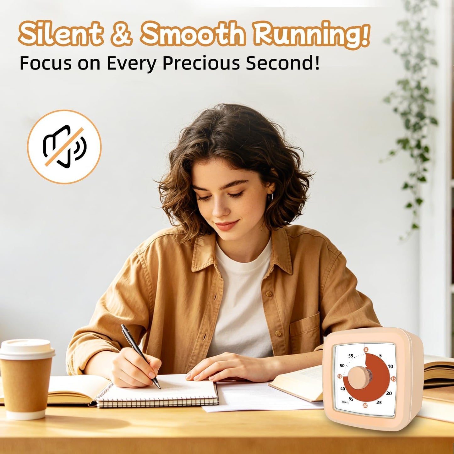 Visual Timer, 60 Minute Timer Silent Countdown Clock for Kids Homework, Classroom Time Management, Kitchen Timer for Cooking, No Ticking Mini Desk Timer for Adults Pomodoro Teachers, Orange