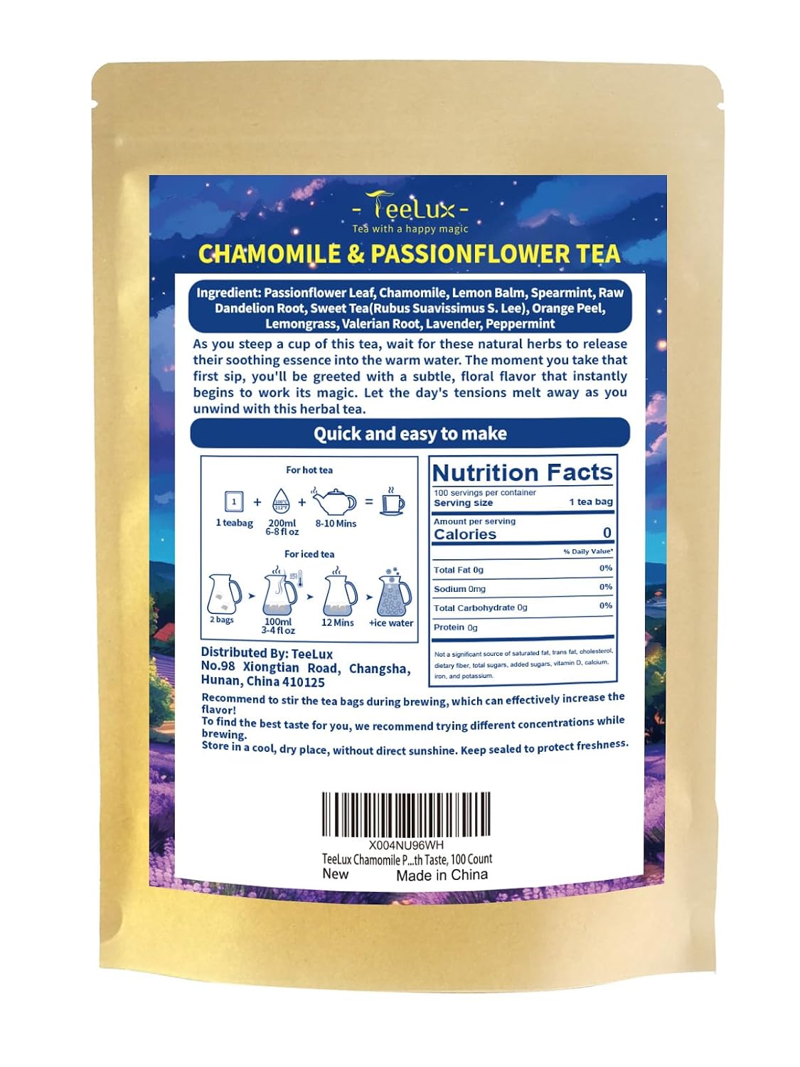 TeeLux Chamomile Passionflower Tea Bags, Smooth & Soothing Taste, 100 Count