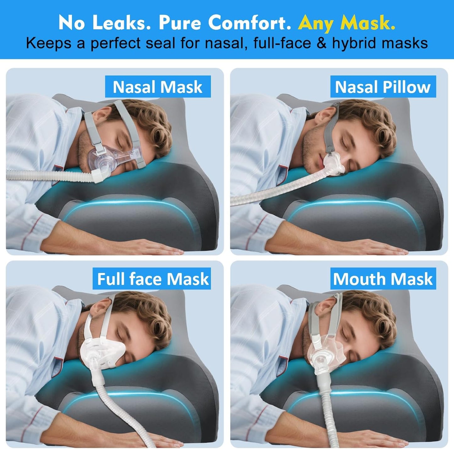 Adjustable CPAP Pillow for Side & Back Sleepers – Reduce Mask Air Leaks & Pressure, Cervical Memory Foam Neck Support with 2cm Removable Insert, Cooling Washable Cover – Fits Full Face & Nasal Masks
