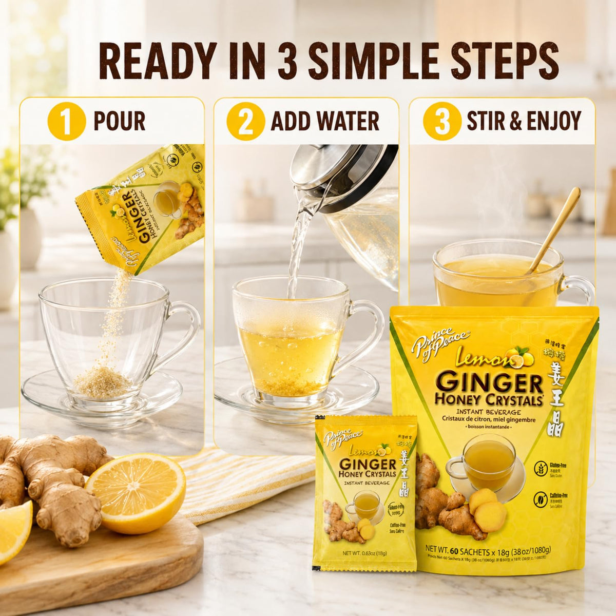 Prince of Peace Instant Ginger Honey Crystals with Lemon, 60 Sachets – Instant Hot or Cold Beverage – Easy to Brew – Drink Like a Tea – Caffeine and Gluten Free – Real Ginger