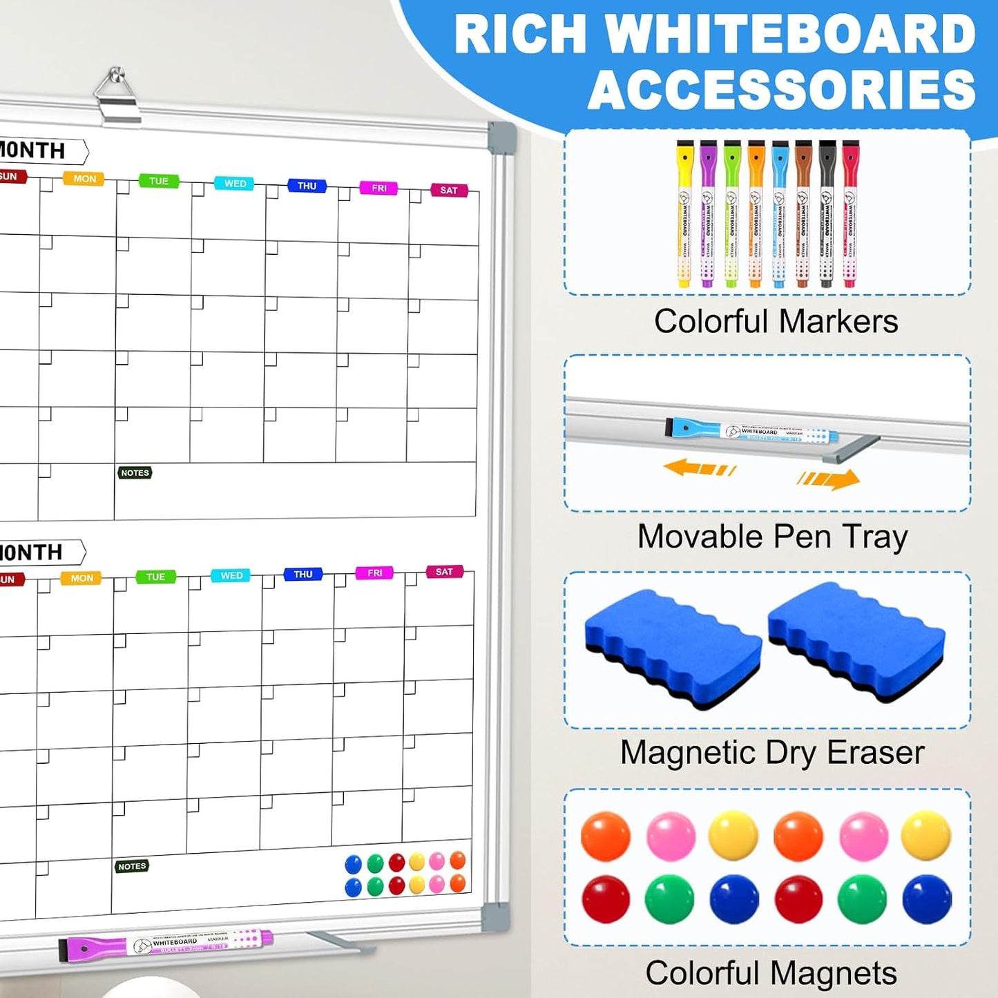Dry Erase Board Calendar for Wall, 36" x 24" Monthly Whiteboard