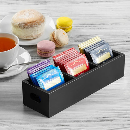 DRASTAR Tea Bag Organizer, Acacia Tea Bag Holder, Tea Storage Containers with 3 Slots, Wooden Tea Storage Accessories, Mini Tea Bag Caddy Box for Countertop